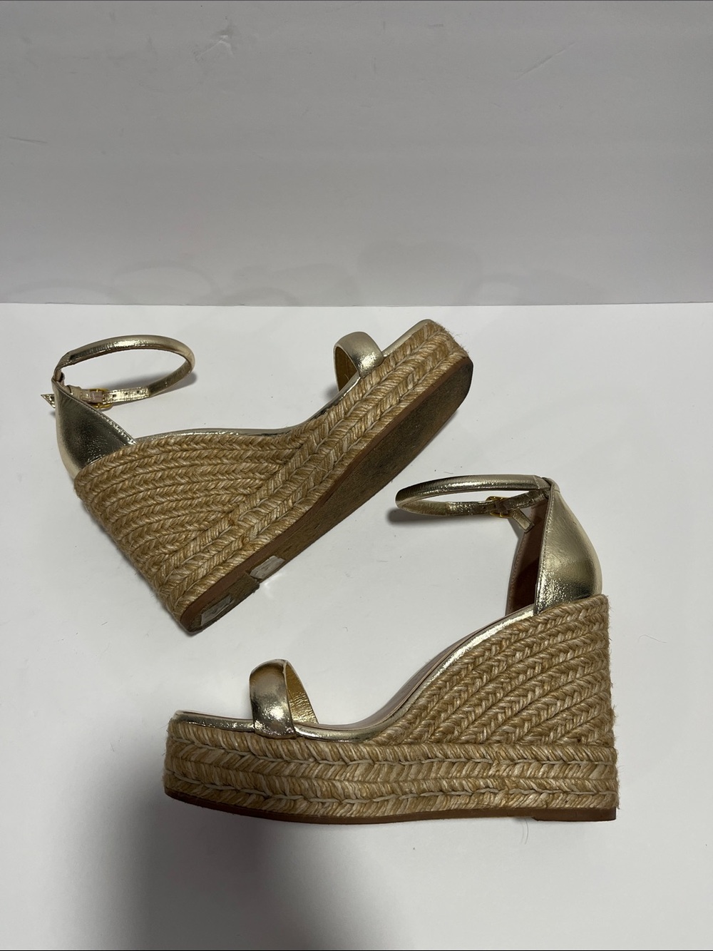 Stuart Weitzman Metallic Gold Espadrille Wedge Sandals Sz 37.5 - Picture 6 of 7